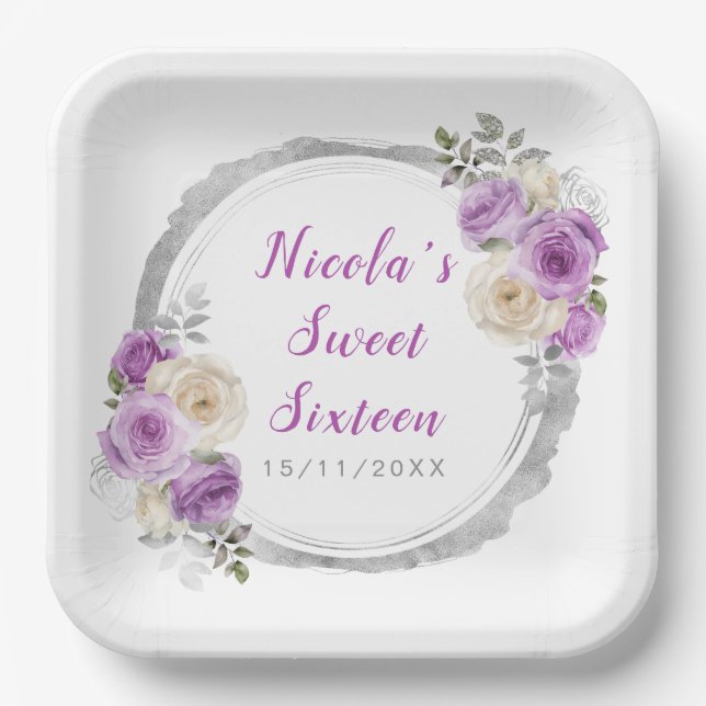 Purple and Silver Elegant Flowers Sweet Sixteen Paper Plate (Front)