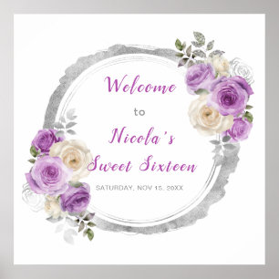 Purple and Silver Elegant Flowers Sweet Sixteen Poster