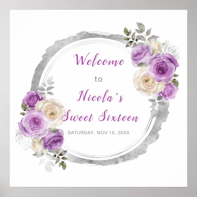 Purple and Silver Elegant Flowers Sweet Sixteen Poster (Front)