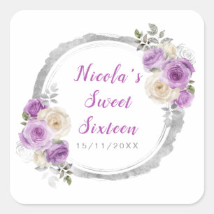 Purple and Silver Elegant Flowers Sweet Sixteen Square Sticker