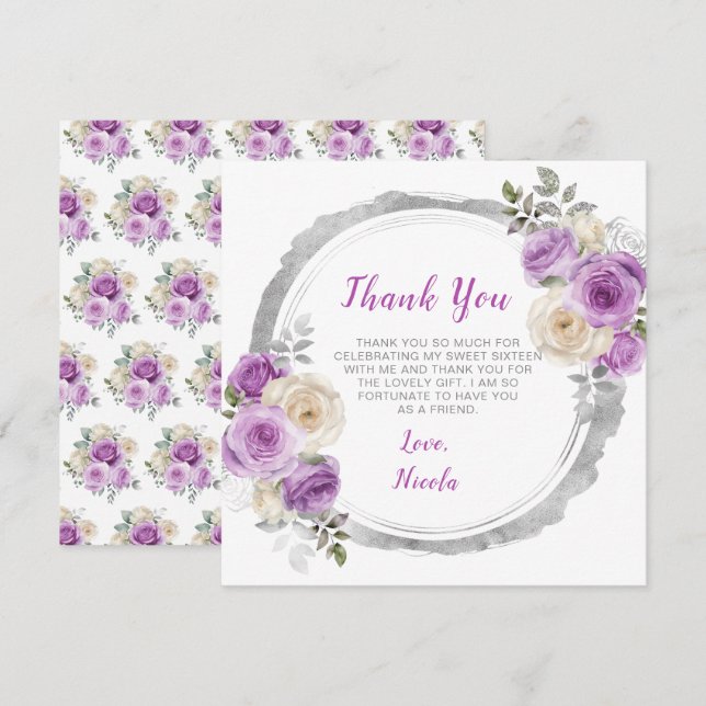 Purple and Silver Elegant Flowers Sweet Sixteen Thank You Card (Front/Back)