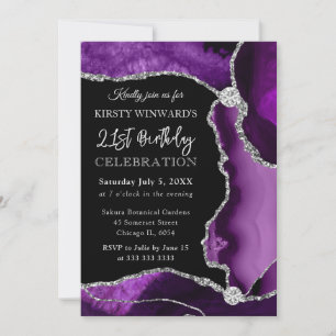 Purple and Silver Faux Glitter Agate Birthday Invitation