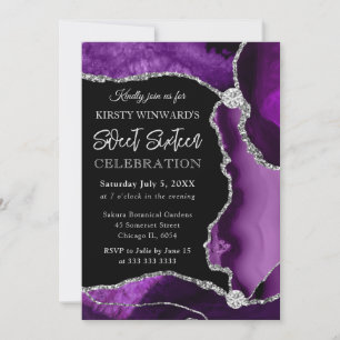 Purple and Silver Faux Glitter Agate Sweet 16 Invitation