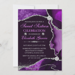 Purple and Silver Faux Glitter Agate Sweet Sixteen Invitation