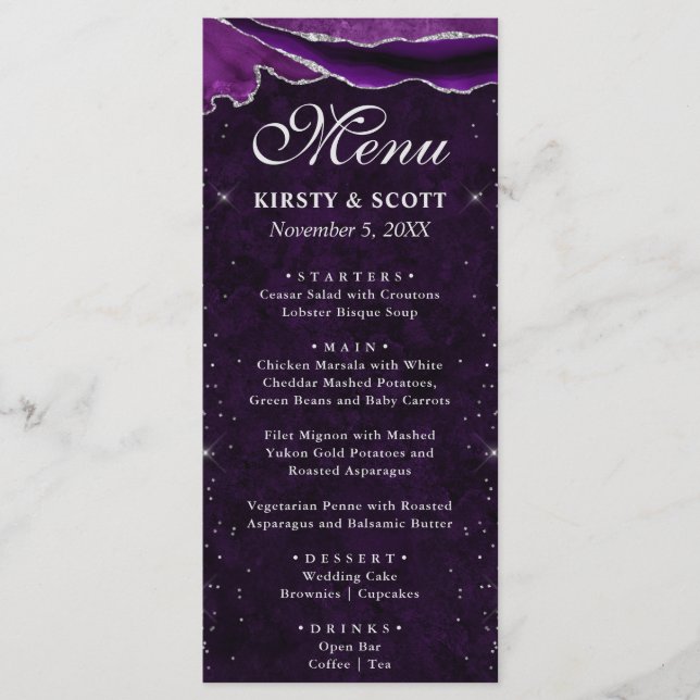 Purple and Silver  Faux Glitter Agate Wedding Menu (Front)