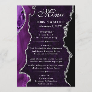 Purple and Silver Faux Glitter Agate Wedding Menu