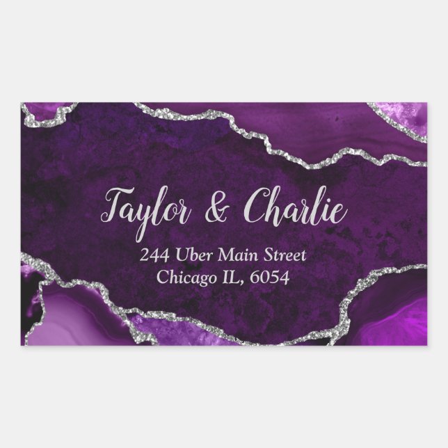 Purple and Silver Faux Glitter Marble Agate Rectangular Sticker (Front)
