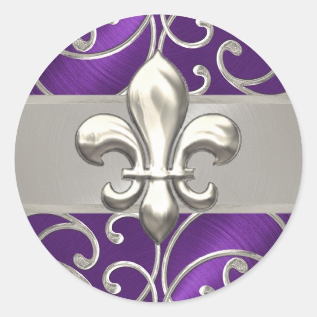Purple and Silver Filigree Swirls Fleur de Lis Classic Round Sticker (Front)