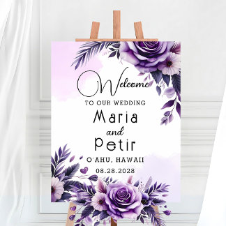 Purple and Silver Floral-Accented Ivory Welcome Poster