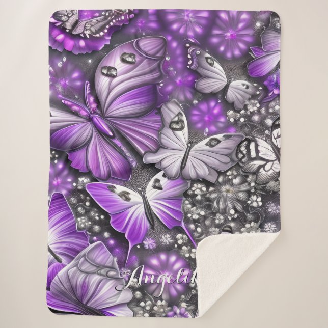 Purple and Silver Floral Butterfly Custom Name Sherpa Blanket (Front)