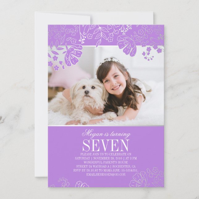Purple and Silver Floral Photo Birthday Party Invitation (Front)