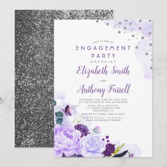 Purple and Silver Floral Romantic Engagement Party Invitation (Front/Back)