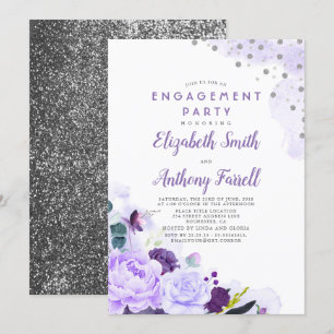 Purple and Silver Floral Romantic Engagement Party Invitation