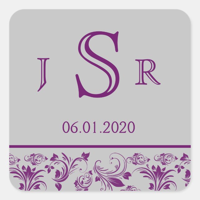 Purple and Silver Floral Scroll Monogram Sticker (Front)