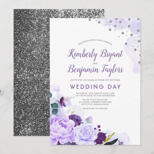 Purple and Silver | Floral Watercolor Wedding Invitation (Front/Back)