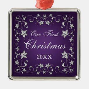 Purple and Silver Floral Wedding Keepsake Ornament