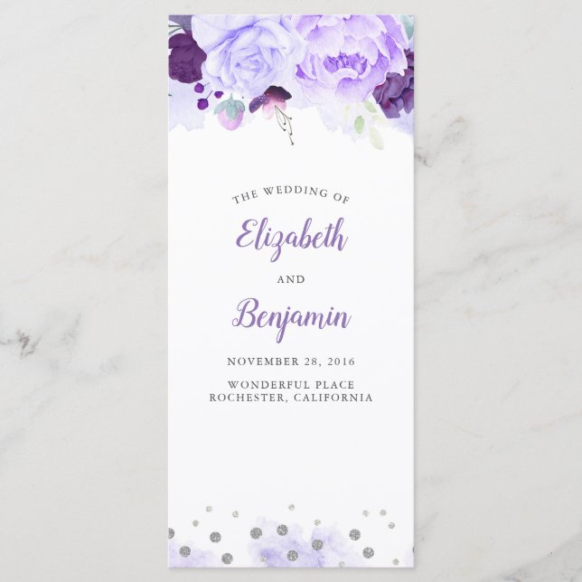 Purple and Silver Floral Wedding Programs Programme (Front)