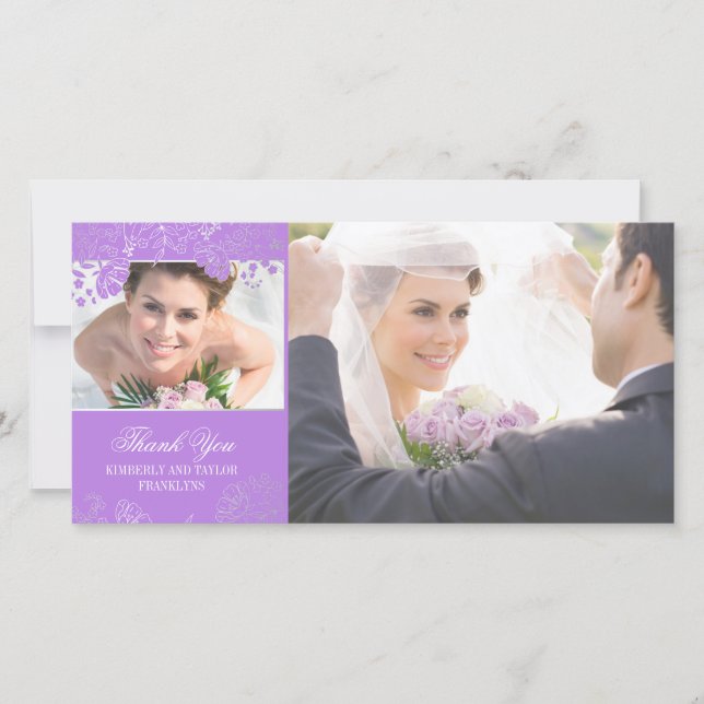 Purple and Silver Flowers Wedding Photo Cards (Front)