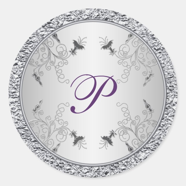 Purple and Silver Foil Floral Monogram Sticker (Front)
