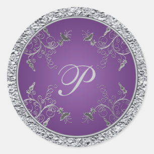Purple and Silver Foil Floral Monogram Sticker