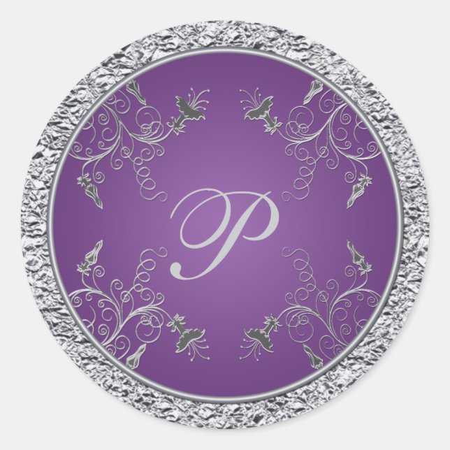 Purple and Silver Foil Floral Monogram Sticker (Front)