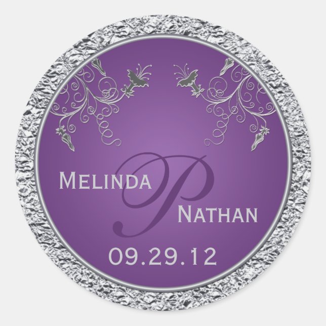 Purple and Silver Foil Floral Monogrammed Sticker (Front)