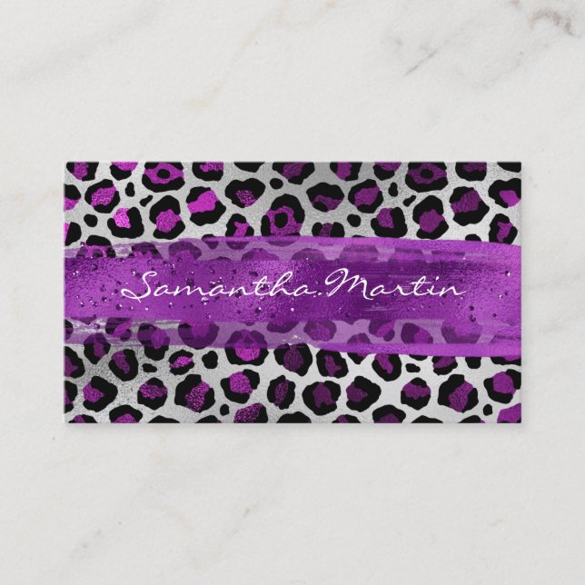 Purple and Silver Foil Leopard Brush Stroke Business Card (Front)