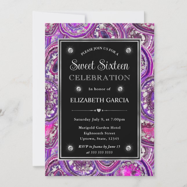 Purple and SIlver Geode Agate Frame Sweet 16 Invitation (Front)