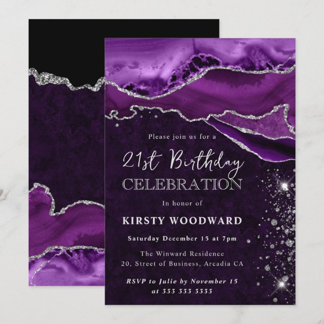 Purple and Silver Glitter Agate Birthday Invitation (Front/Back)