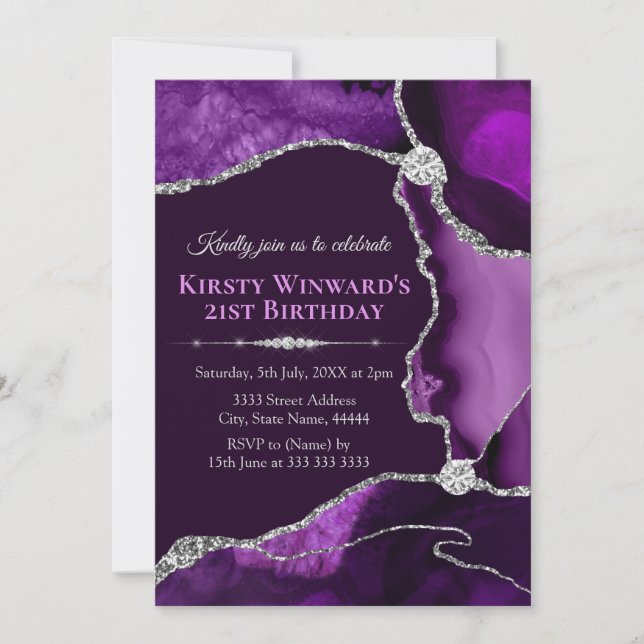 Purple and Silver Glitter Agate Birthday Party Invitation (Front)