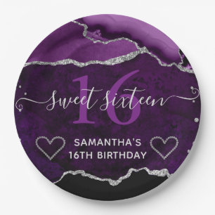 Purple and Silver Glitter Agate Marble Sweet 16 Paper Plate