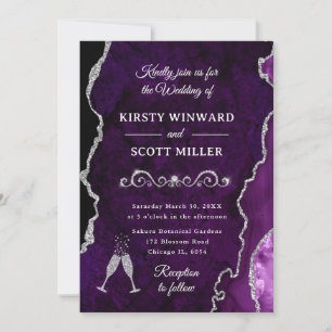 Purple and Silver Glitter Agate & Marble Wedding Invitation