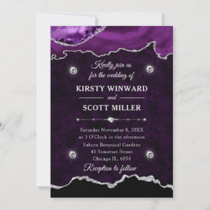 Purple and Silver Glitter Agate Marble Wedding Invitation