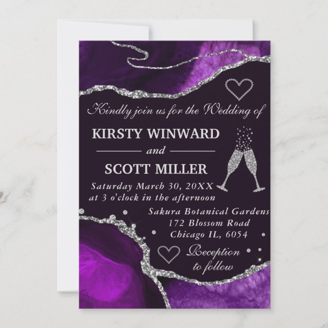 Purple and Silver Glitter Agate Marble Wedding Invitation (Front)