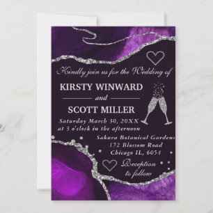 Purple and Silver Glitter Agate Marble Wedding Invitation