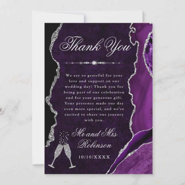 Purple and Silver Glitter Agate & Marble Wedding Thank You Card (Front)