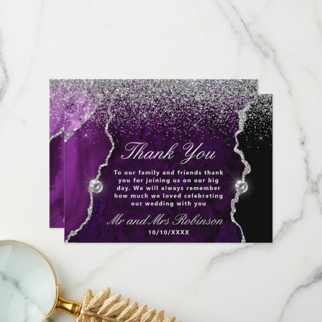 Purple and Silver Glitter Agate Marble Wedding Thank You Card (Front/Back In Situ)