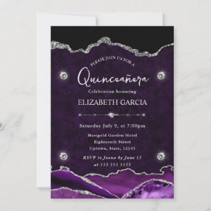 Purple and Silver Glitter Agate Quinceanera Invitation