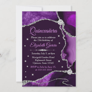 Purple and Silver Glitter Agate Quinceanera Invitation