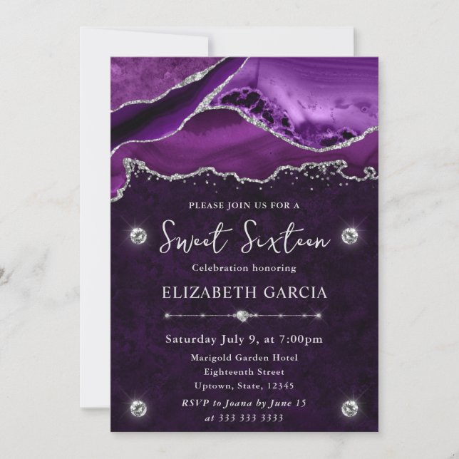 Purple and Silver Glitter Agate Sweet 16 Invitation (Front)