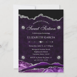 Purple and Silver Glitter Agate Sweet Sixteen Invitation