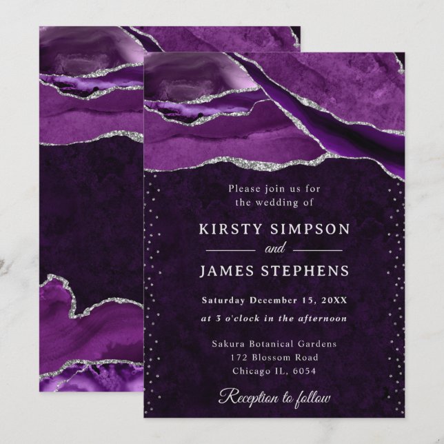 Purple and Silver Glitter Agate Wedding Invitation (Front/Back)