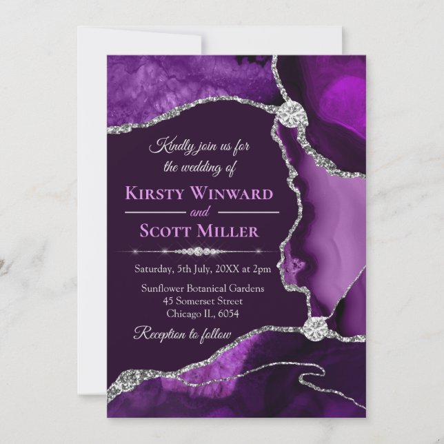 Purple and Silver Glitter Agate Wedding Invitation (Front)