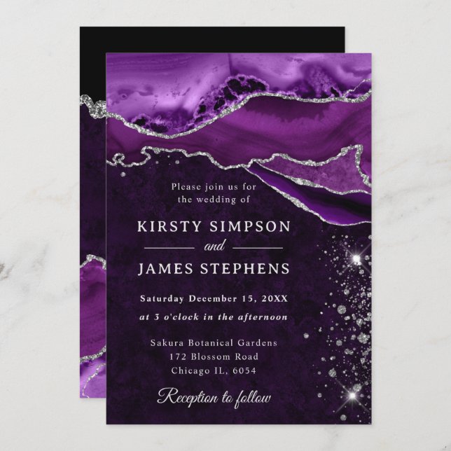  Purple and Silver Glitter Agate Wedding Invitation (Front/Back)