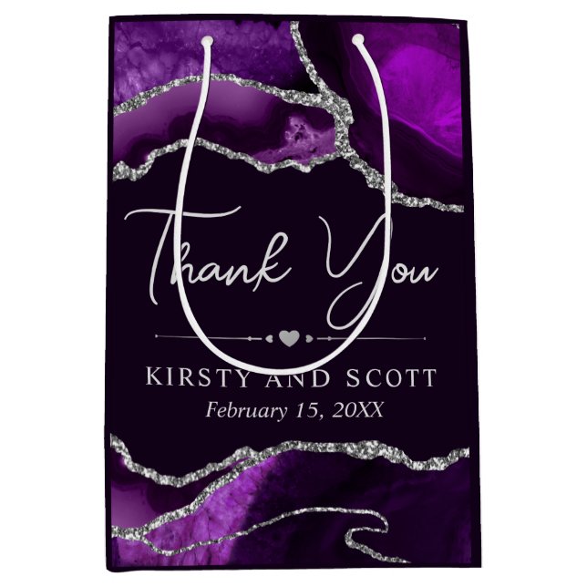 Purple and Silver Glitter Agate Wedding Medium Gift Bag (Front)