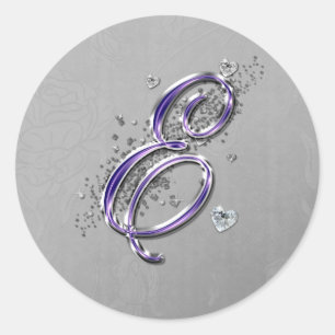 Purple and Silver Glitter Fancy Script Monogram E Classic Round Sticker