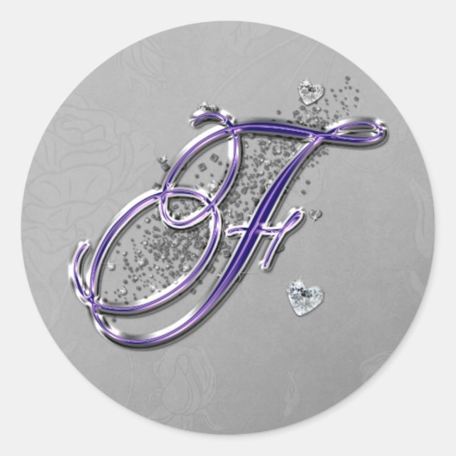 Purple and Silver Glitter Fancy Script Monogram F Classic Round Sticker (Front)
