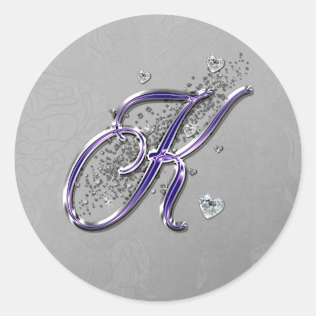 Purple and Silver Glitter Fancy Script Monogram K Classic Round Sticker (Front)