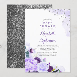 Purple and Silver Glitter Floral Baby Shower Invitation