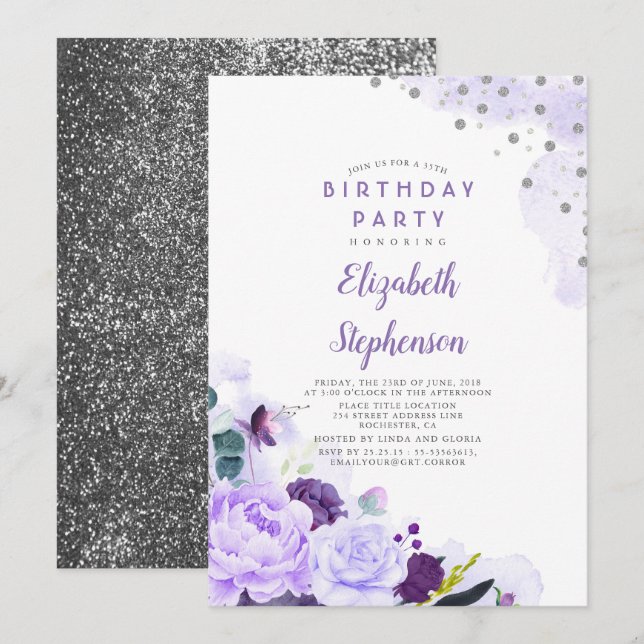 Purple and Silver Glitter Floral Birthday Party Invitation (Front/Back)